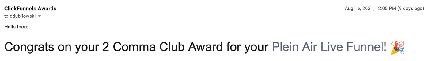 Two Comma Club Award notification
